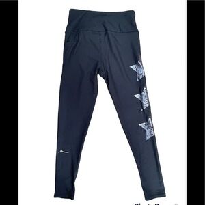 X by Gottex L Leggings Black, Silver Foil Stars Workout, Active, Gym, Yoga Pants